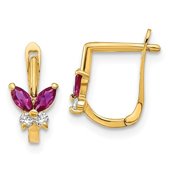14k Yellow Gold Madi K Children'sPolished Red and White CZ Butterfly Hoops